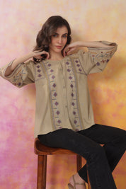 Women’s Khaki Color Cotton Linen Blend Fabric with Embroidery & Lace