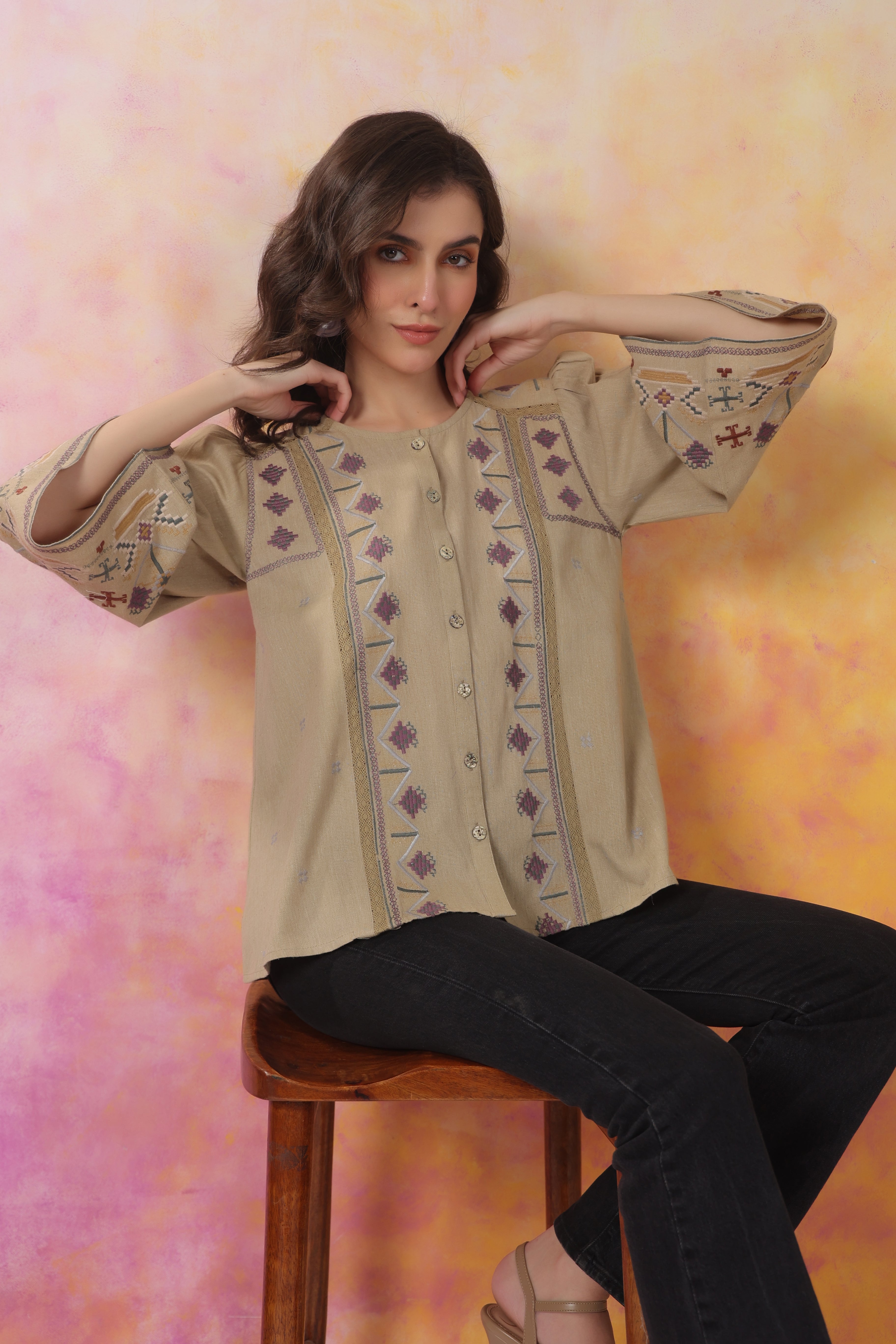 Women’s Khaki Color Cotton Linen Blend Fabric with Embroidery & Lace