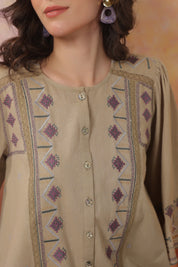 Women’s Khaki Color Cotton Linen Blend Fabric with Embroidery & Lace