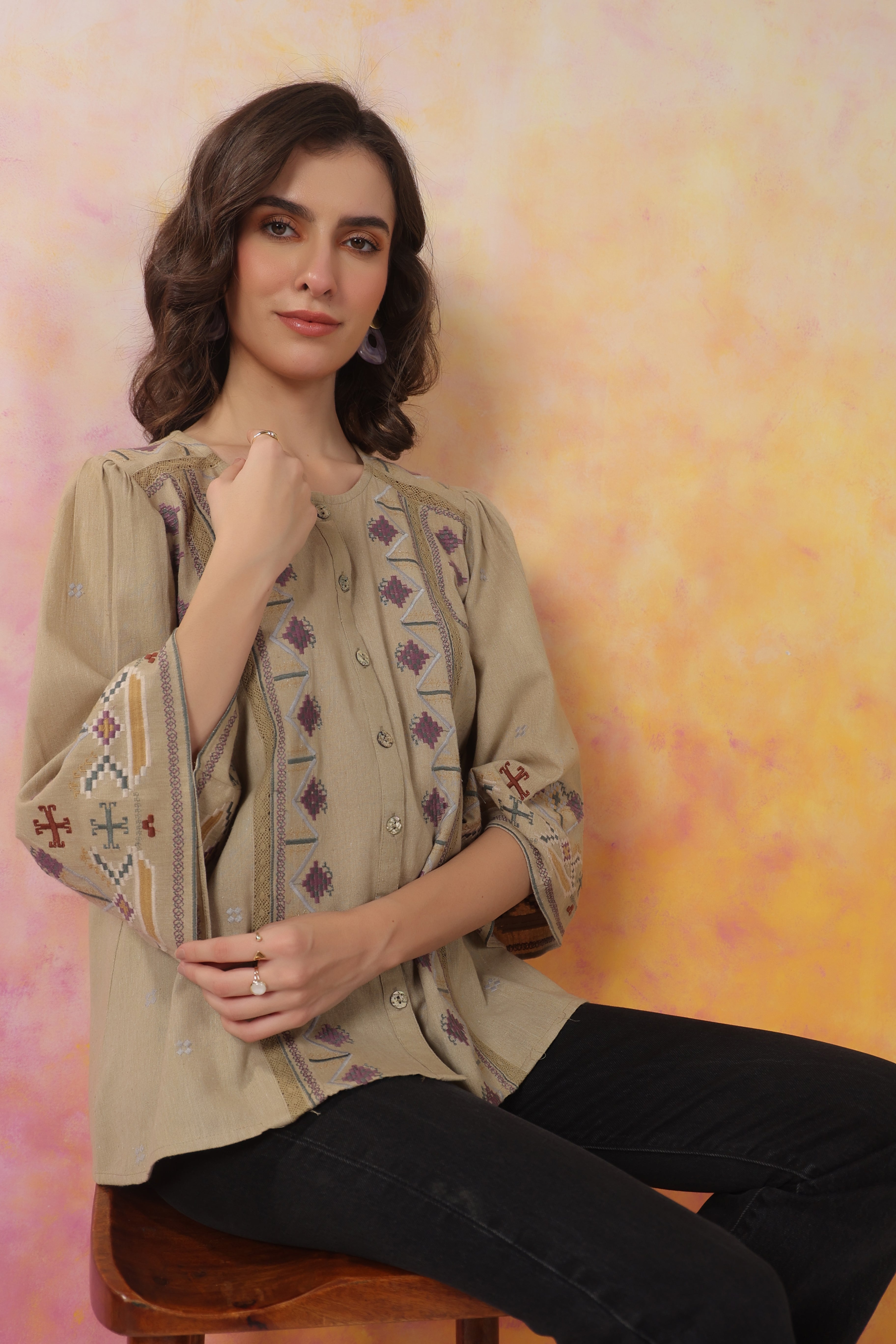 Women’s Khaki Color Cotton Linen Blend Fabric with Embroidery & Lace