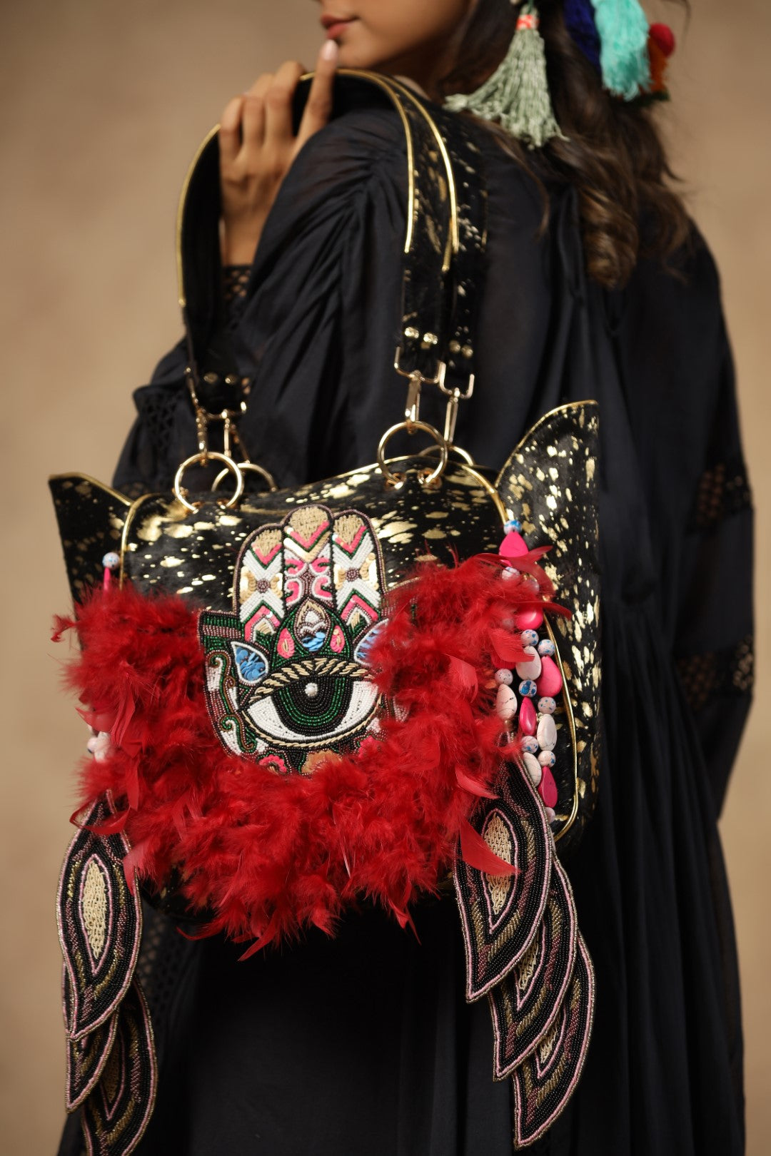 Women Handmade Leather Shoulder Bag With Red Feather Fringes