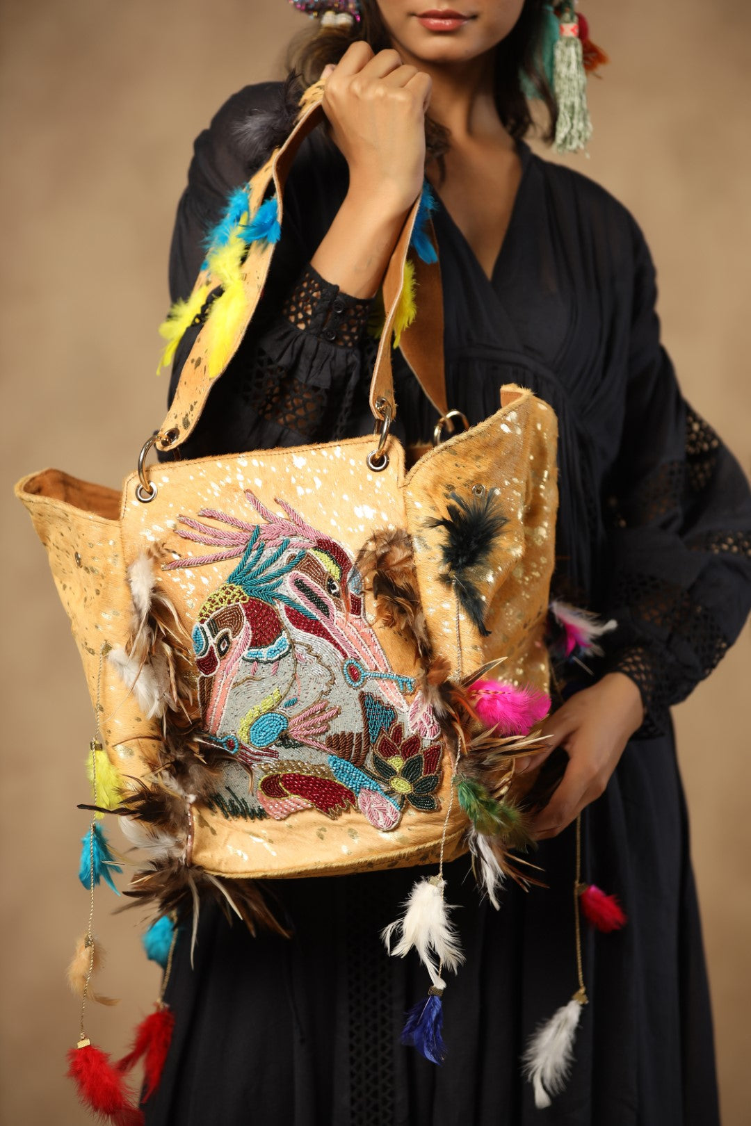 Women Handmade Leather Shoulder Bag With Feather Fringes