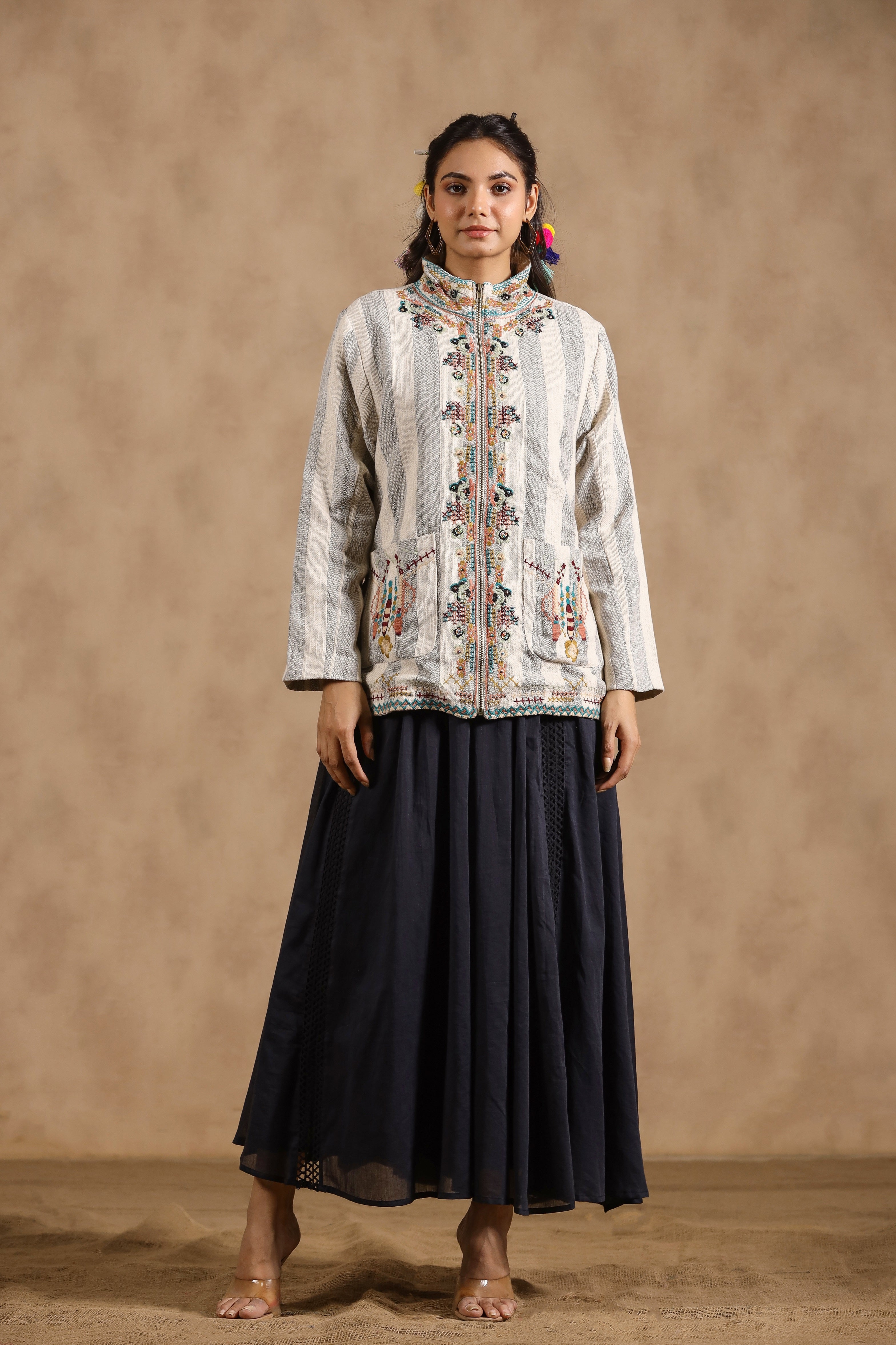 Women Cotton Stripe & Embroidered with Beads Work Jacket