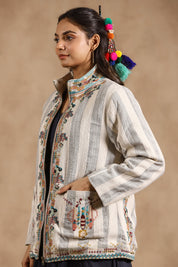 Women Cotton Stripe & Embroidered with Beads Work Jacket