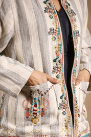 Women Cotton Stripe & Embroidered with Beads Work Jacket