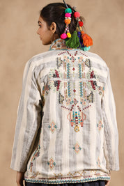 Women Cotton Stripe & Embroidered with Beads Work Jacket