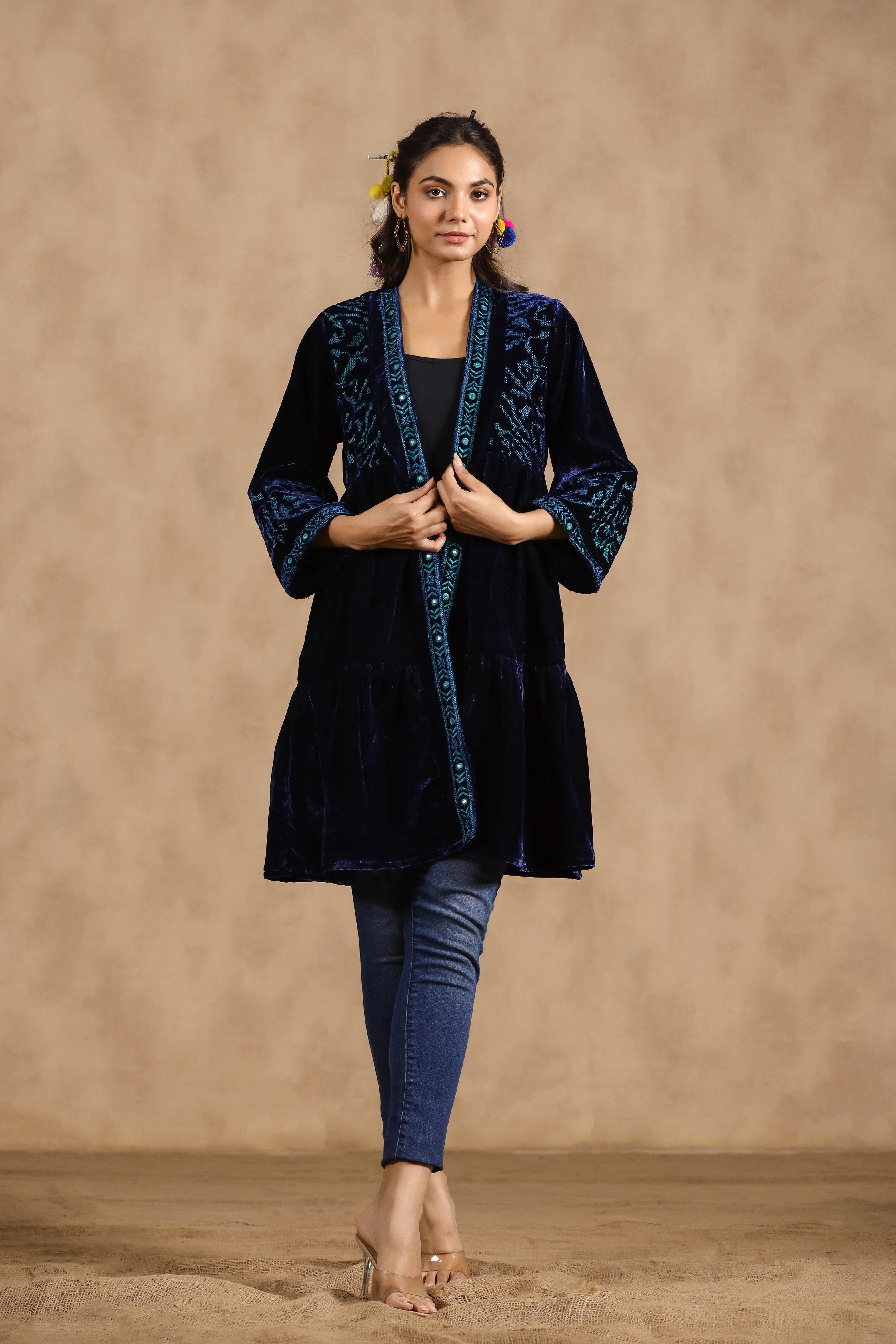 Women Velvet Embroidered with Mirror Work Jacket