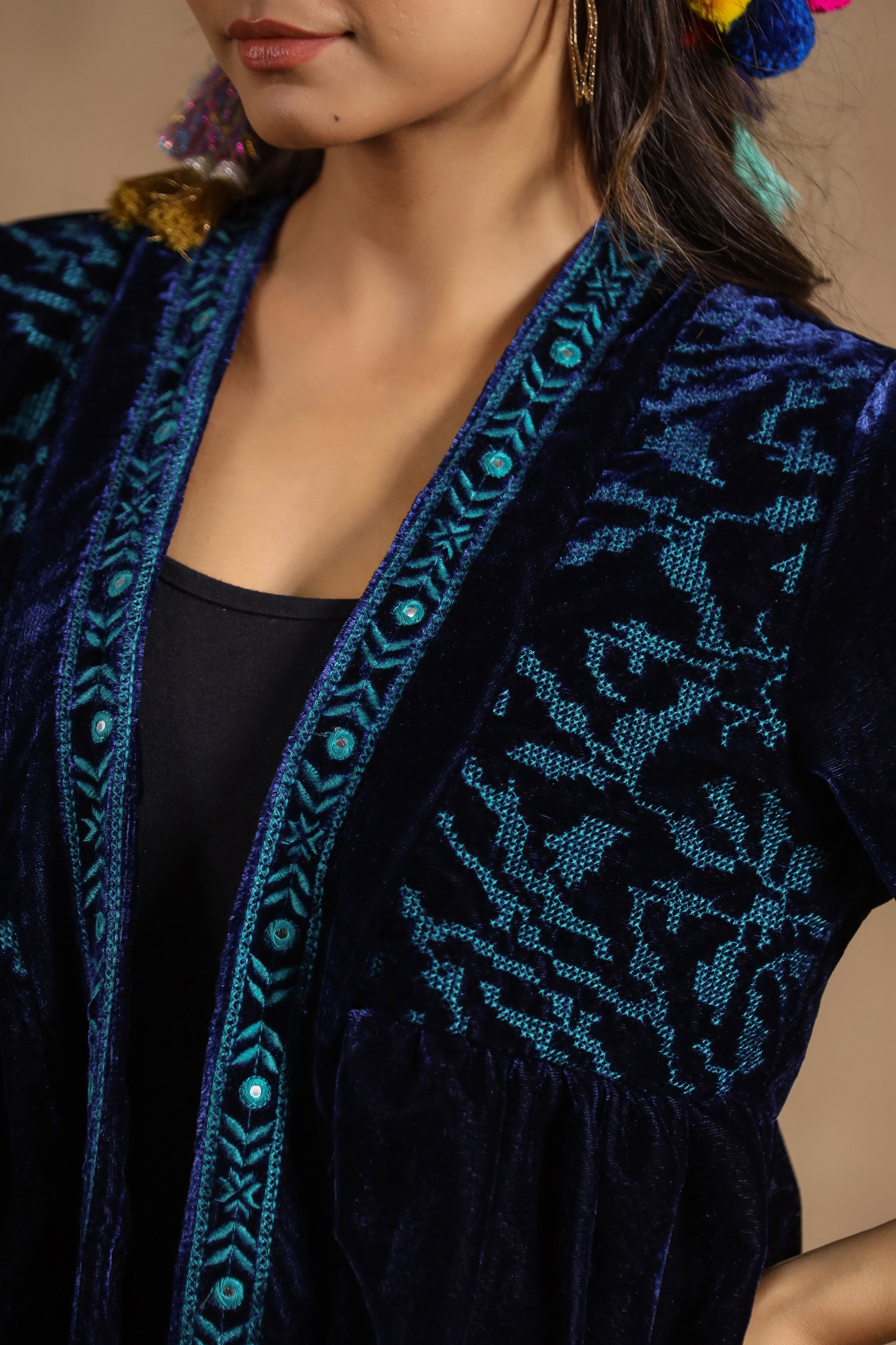 Women Velvet Embroidered with Mirror Work Jacket