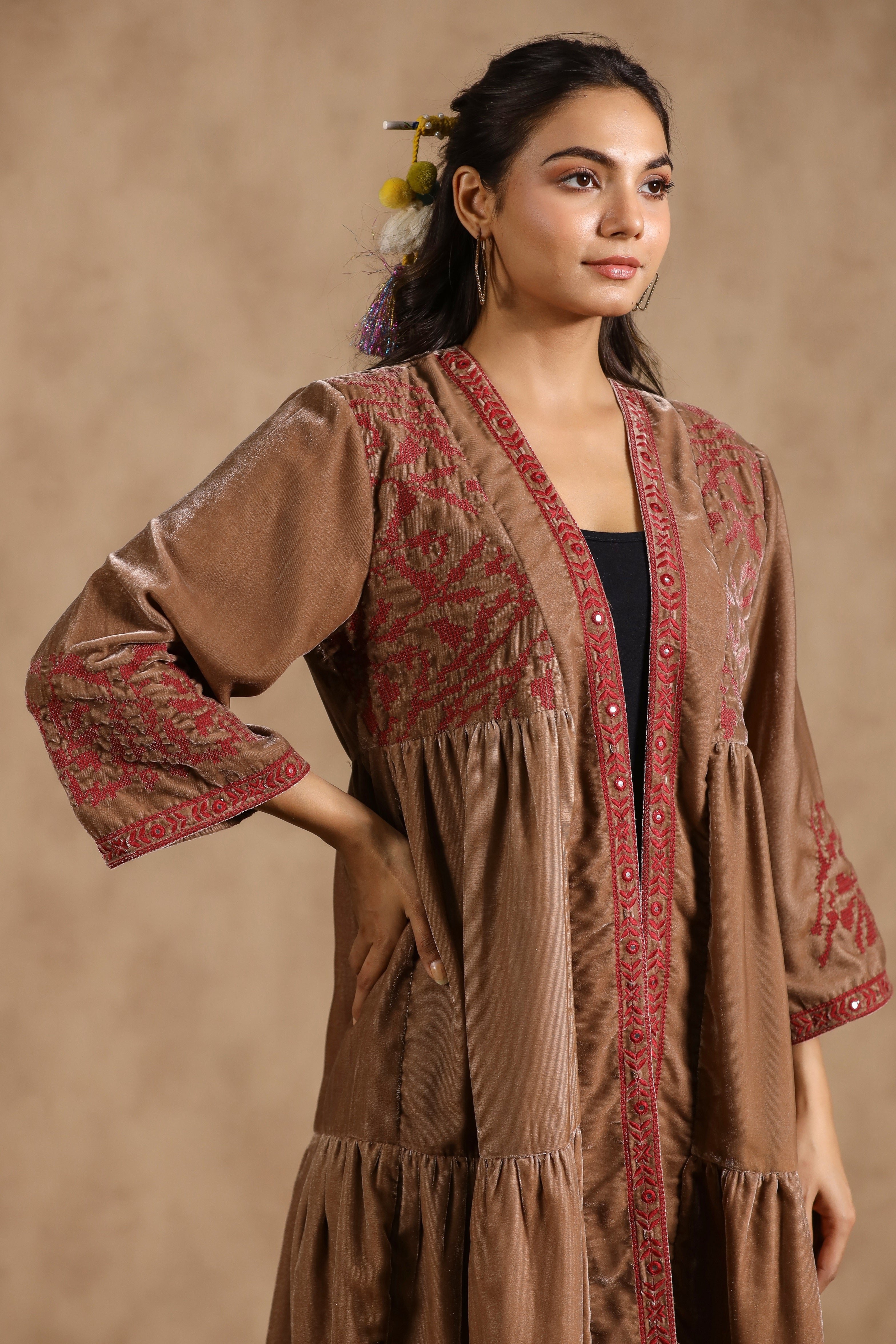 Women Velvet Embroidered & Mirror Work with Cotton Lining Jacket