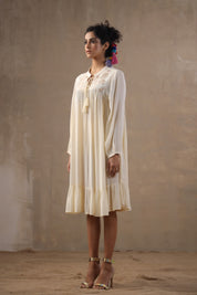 Women Beige Rayon Embroidered Flared Mini Dress