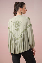 Women Rayon Mint Green Embroidered Dori & Tassels  Peplum Top