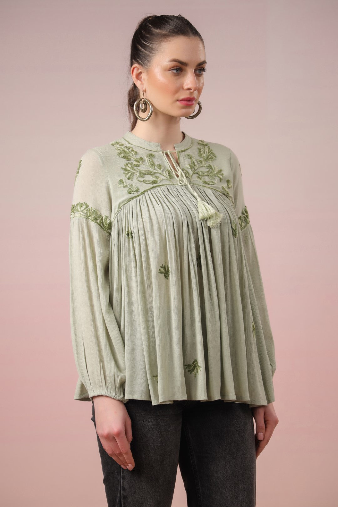 Women Rayon Mint Green Embroidered Dori & Tassels  Peplum Top