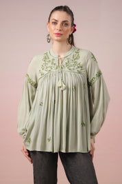 Women Rayon Mint Green Embroidered Dori & Tassels  Peplum Top