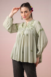 Women Rayon Mint Green Embroidered Dori & Tassels  Peplum Top