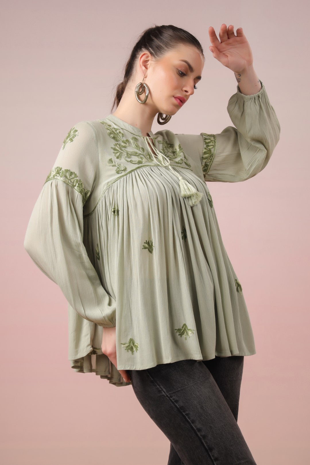 Women Rayon Mint Green Embroidered Dori & Tassels  Peplum Top