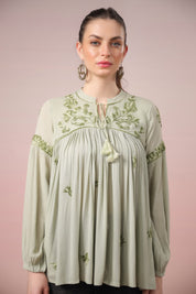 Women Rayon Mint Green Embroidered Dori & Tassels  Peplum Top