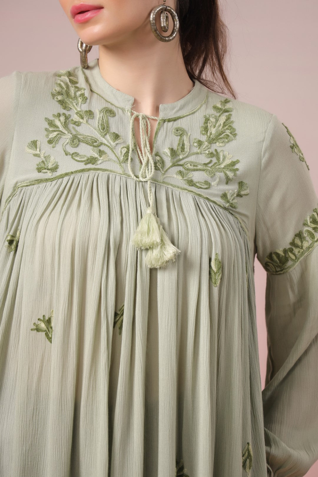 Women Rayon Mint Green Embroidered Dori & Tassels  Peplum Top