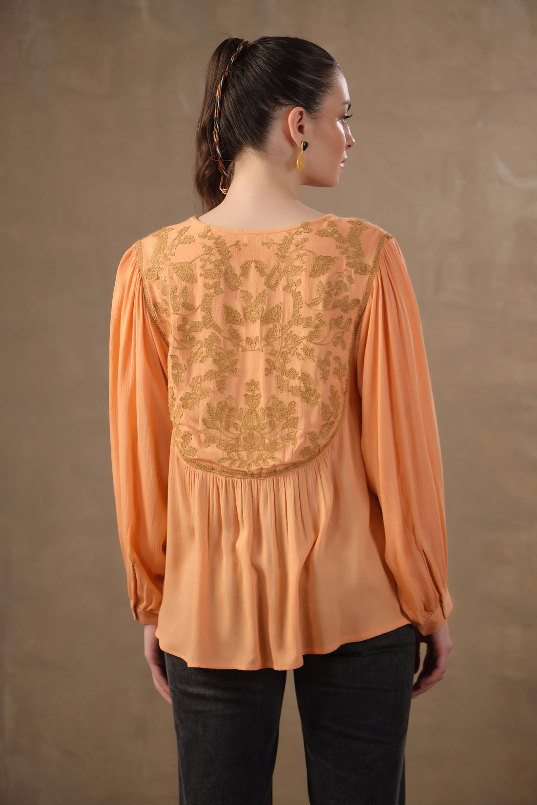 Women Rayon Orange Embroidered Mirror Work Peplum Top