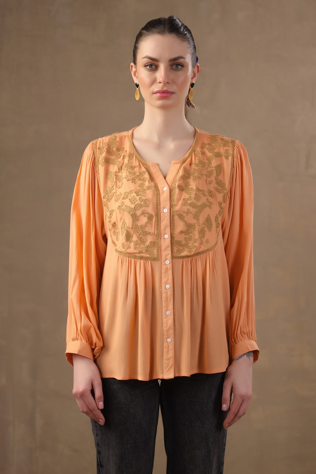 Women Rayon Orange Embroidered Mirror Work Peplum Top