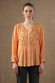 Women Rayon Orange Embroidered Mirror Work Peplum Top