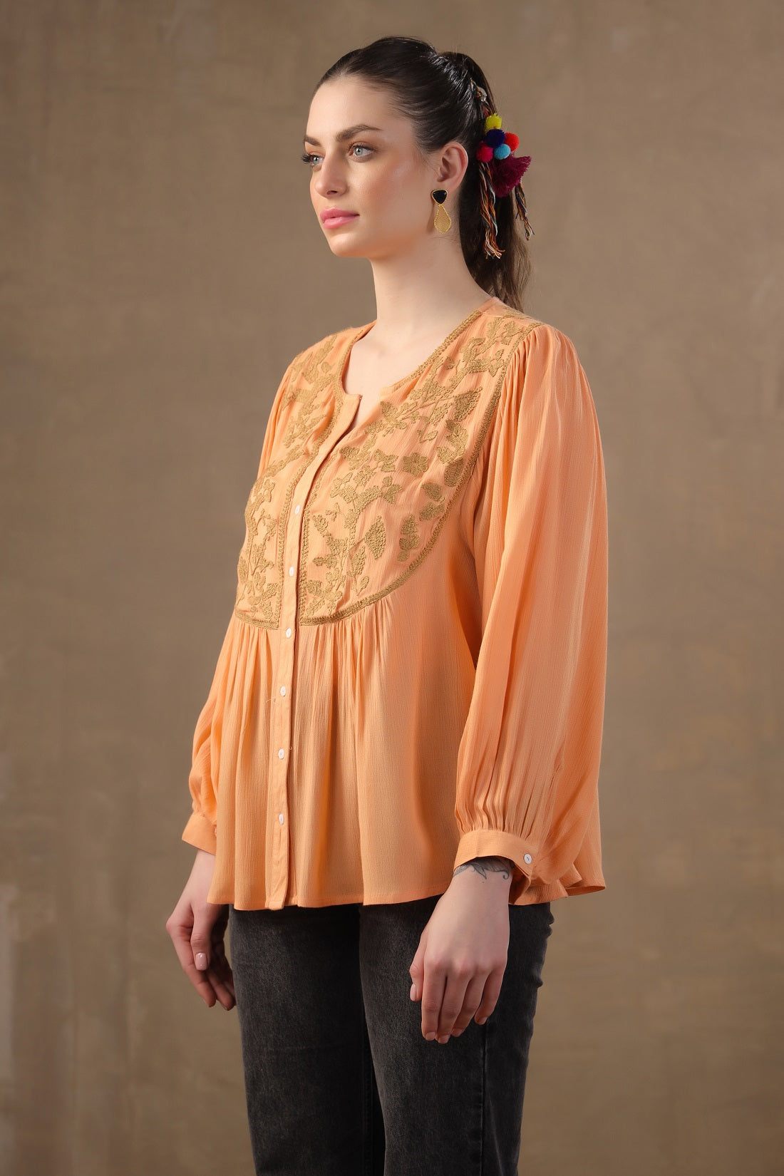 Women Rayon Orange Embroidered Mirror Work Peplum Top