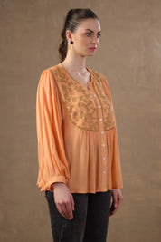 Women Rayon Orange Embroidered Mirror Work Peplum Top