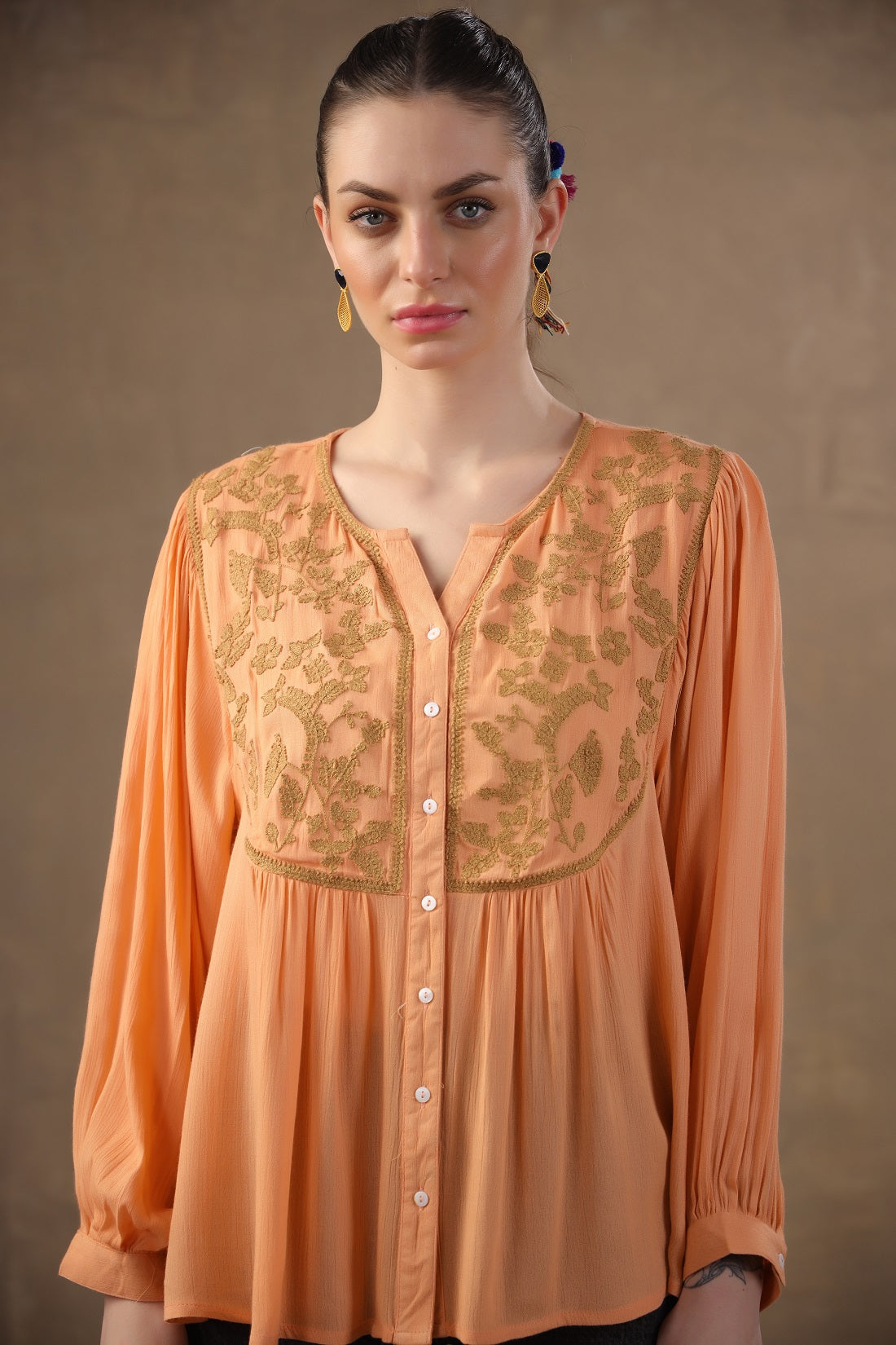 Women Rayon Orange Embroidered Mirror Work Peplum Top