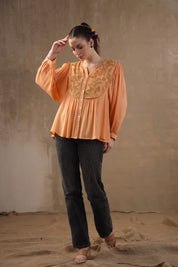 Women Rayon Orange Embroidered Mirror Work Peplum Top