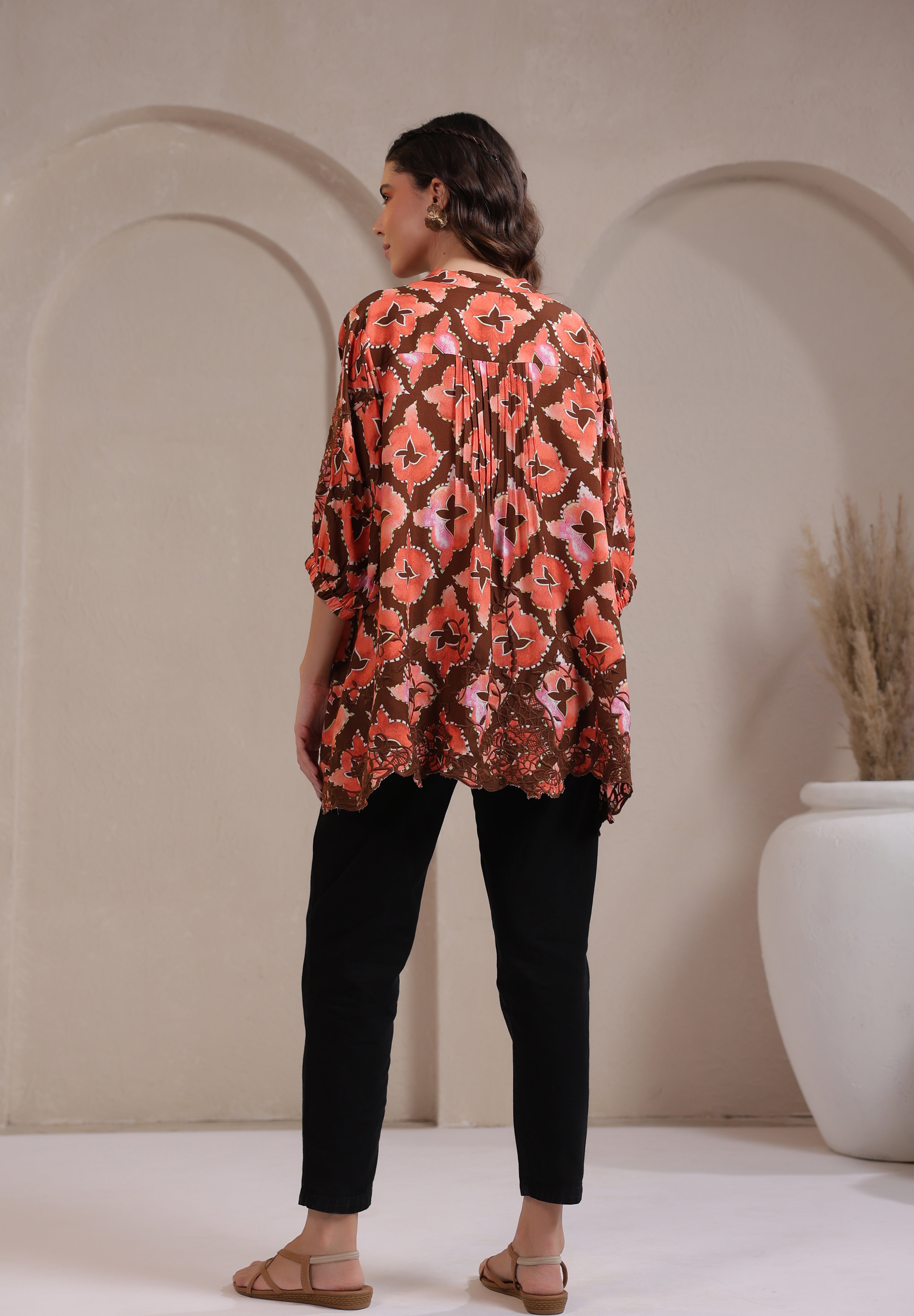 Women’s Rust Color Rayon Printed Top with Cut Work Embroidery