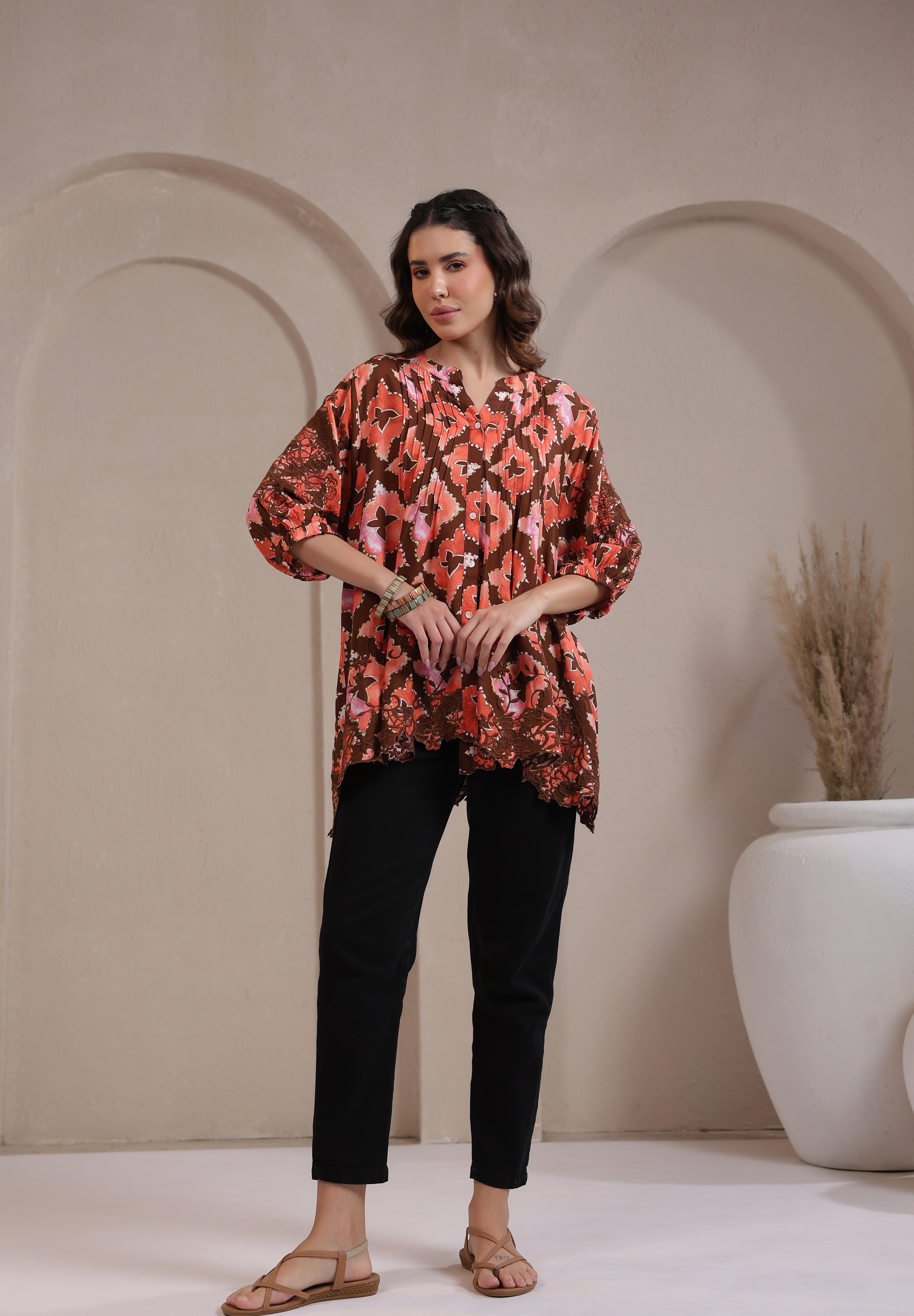 Women’s Rust Color Rayon Printed Top with Cut Work Embroidery