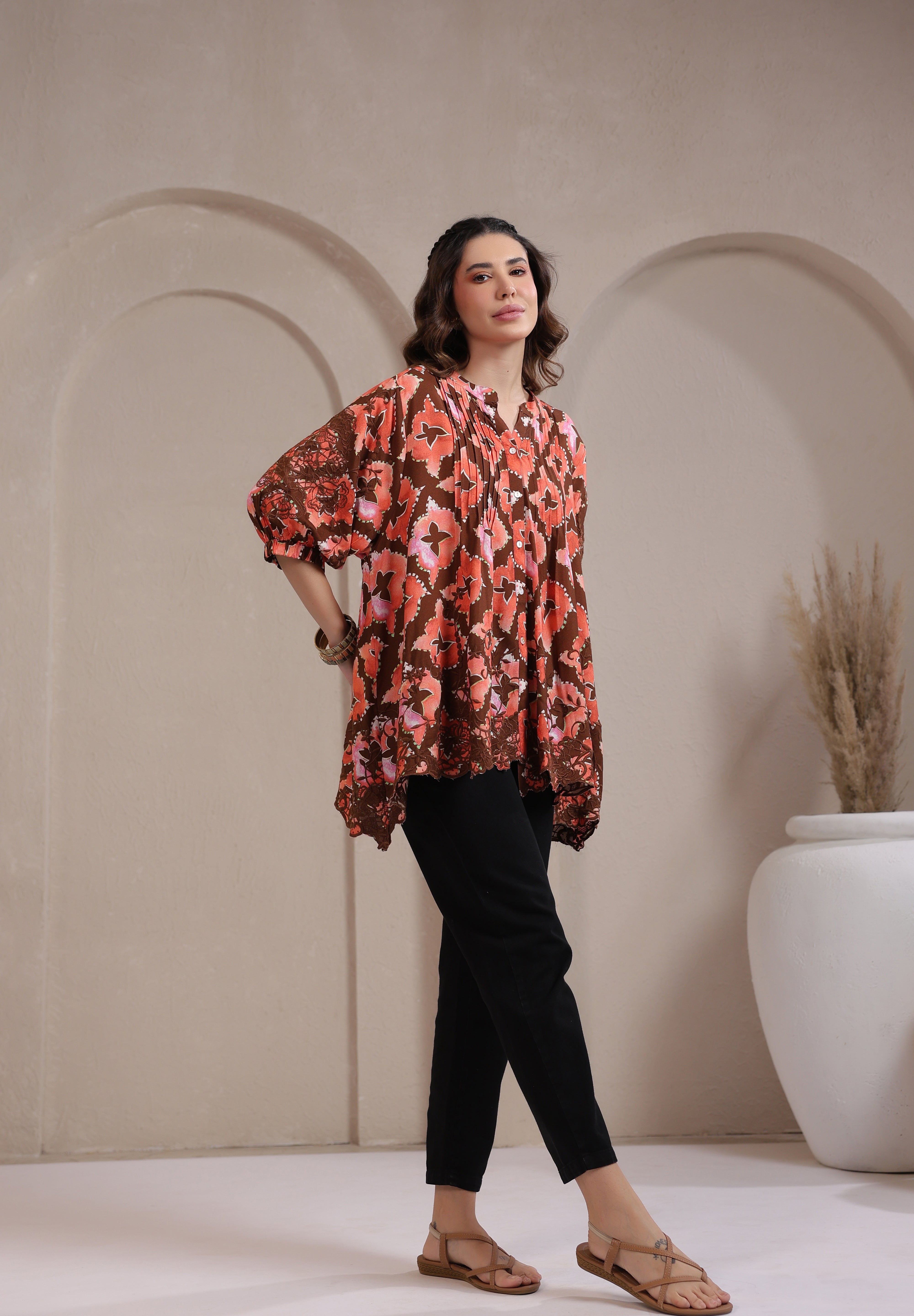 Women’s Rust Color Rayon Printed Top with Cut Work Embroidery