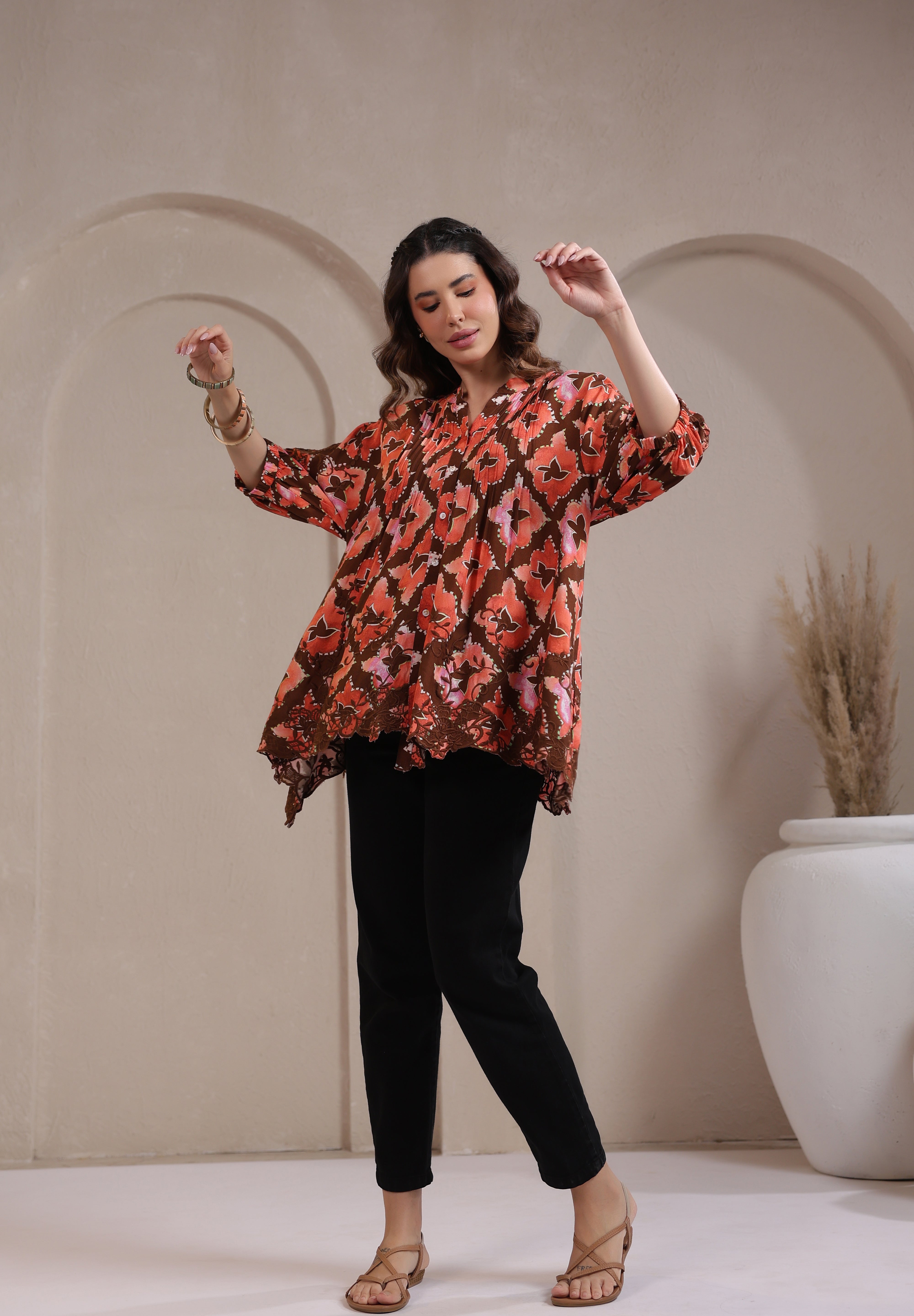 Women’s Rust Color Rayon Printed Top with Cut Work Embroidery