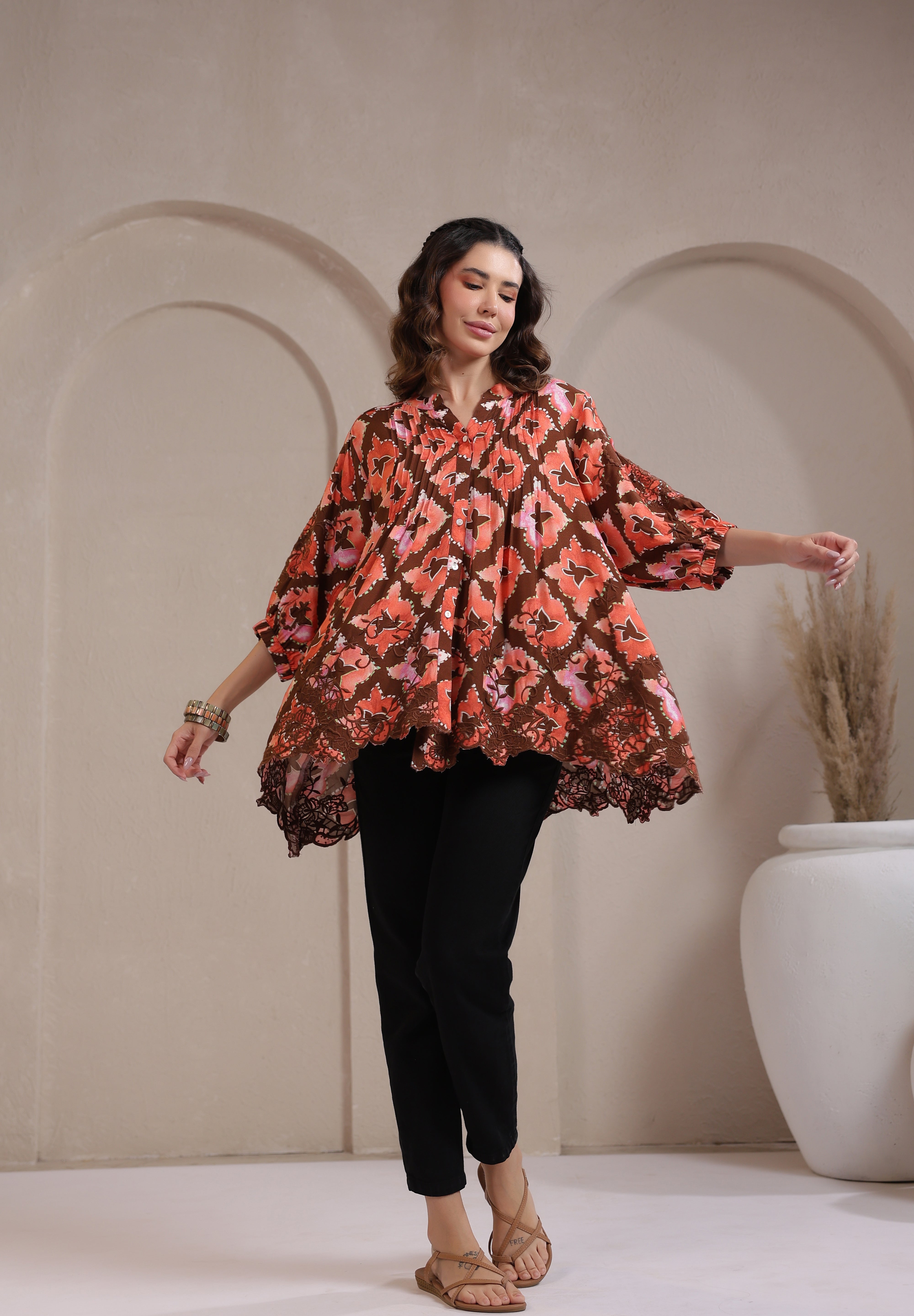 Women’s Rust Color Rayon Printed Top with Cut Work Embroidery