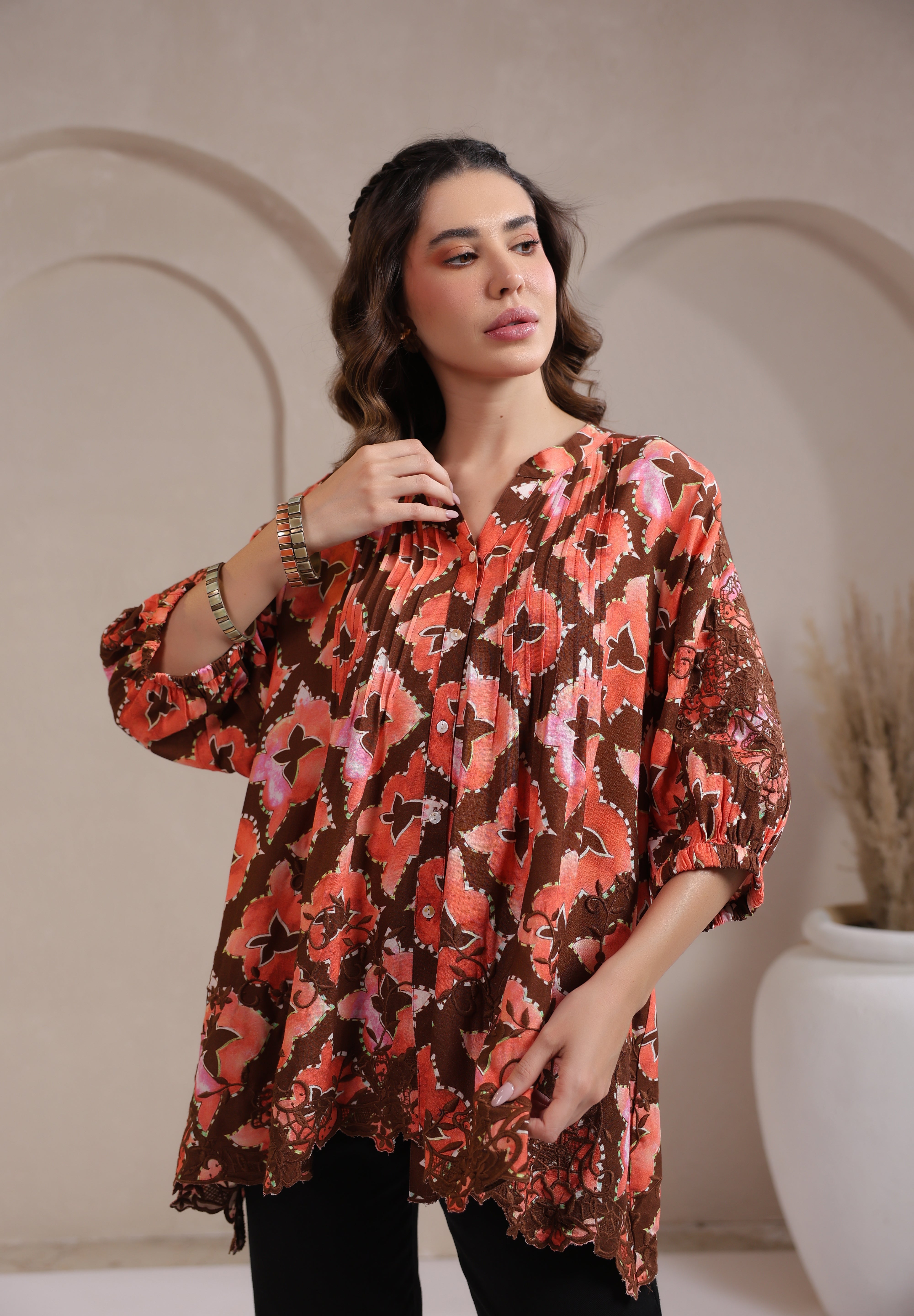 Women’s Rust Color Rayon Printed Top with Cut Work Embroidery