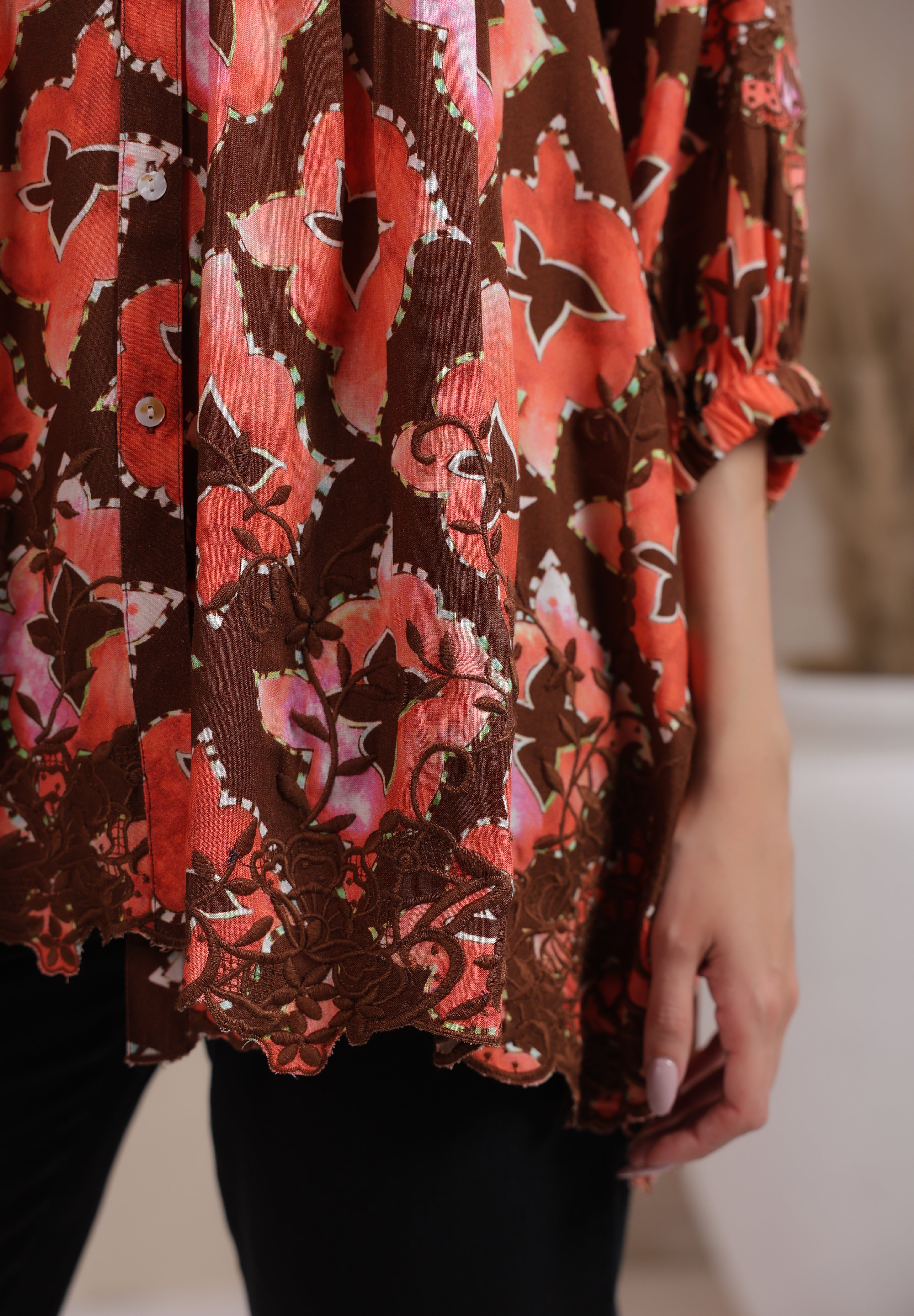 Women’s Rust Color Rayon Printed Top with Cut Work Embroidery