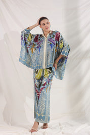 Women Blue Viscose Satin Floral Printed Co-Ord Set