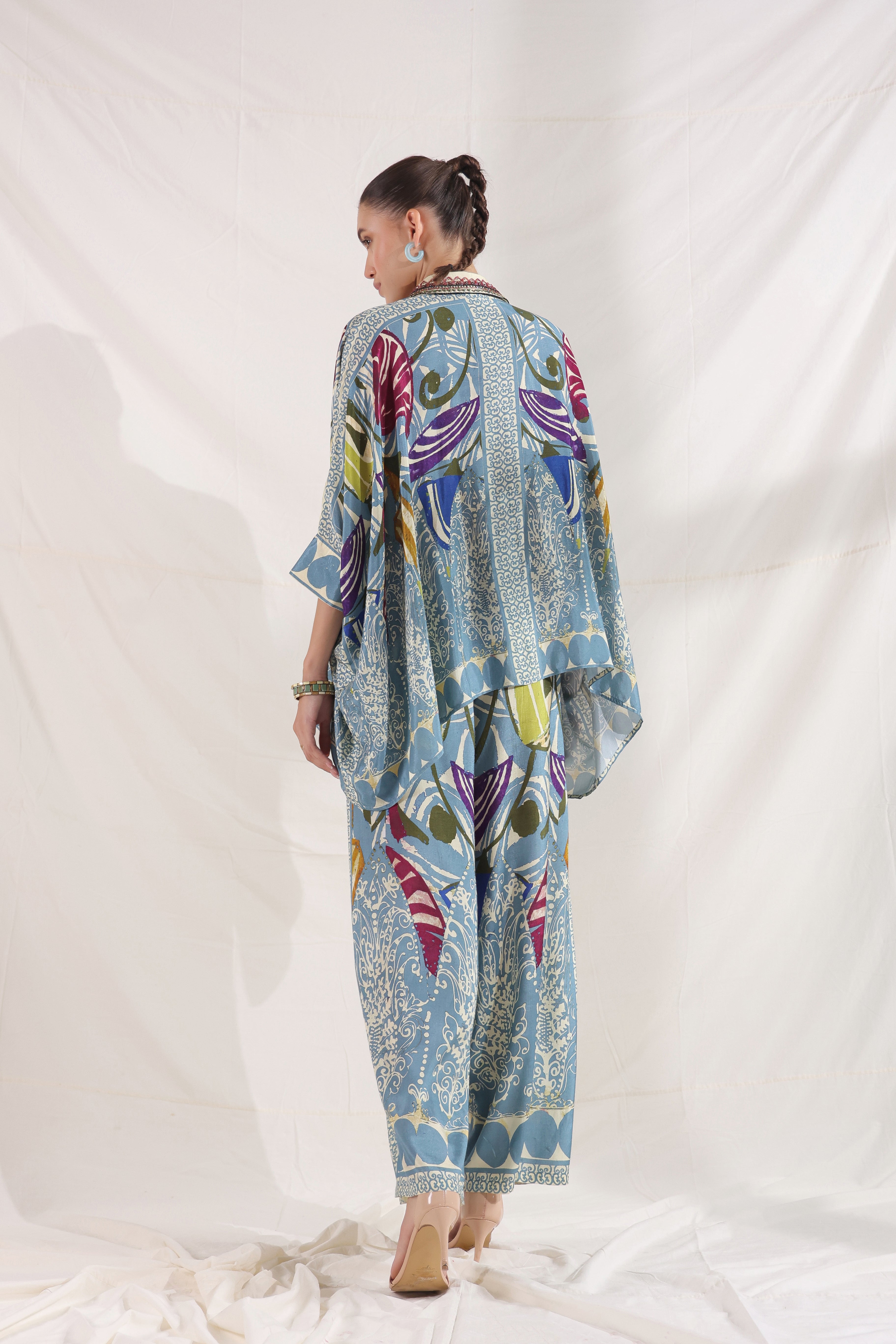 Women Blue Viscose Satin Floral Printed Co-Ord Set