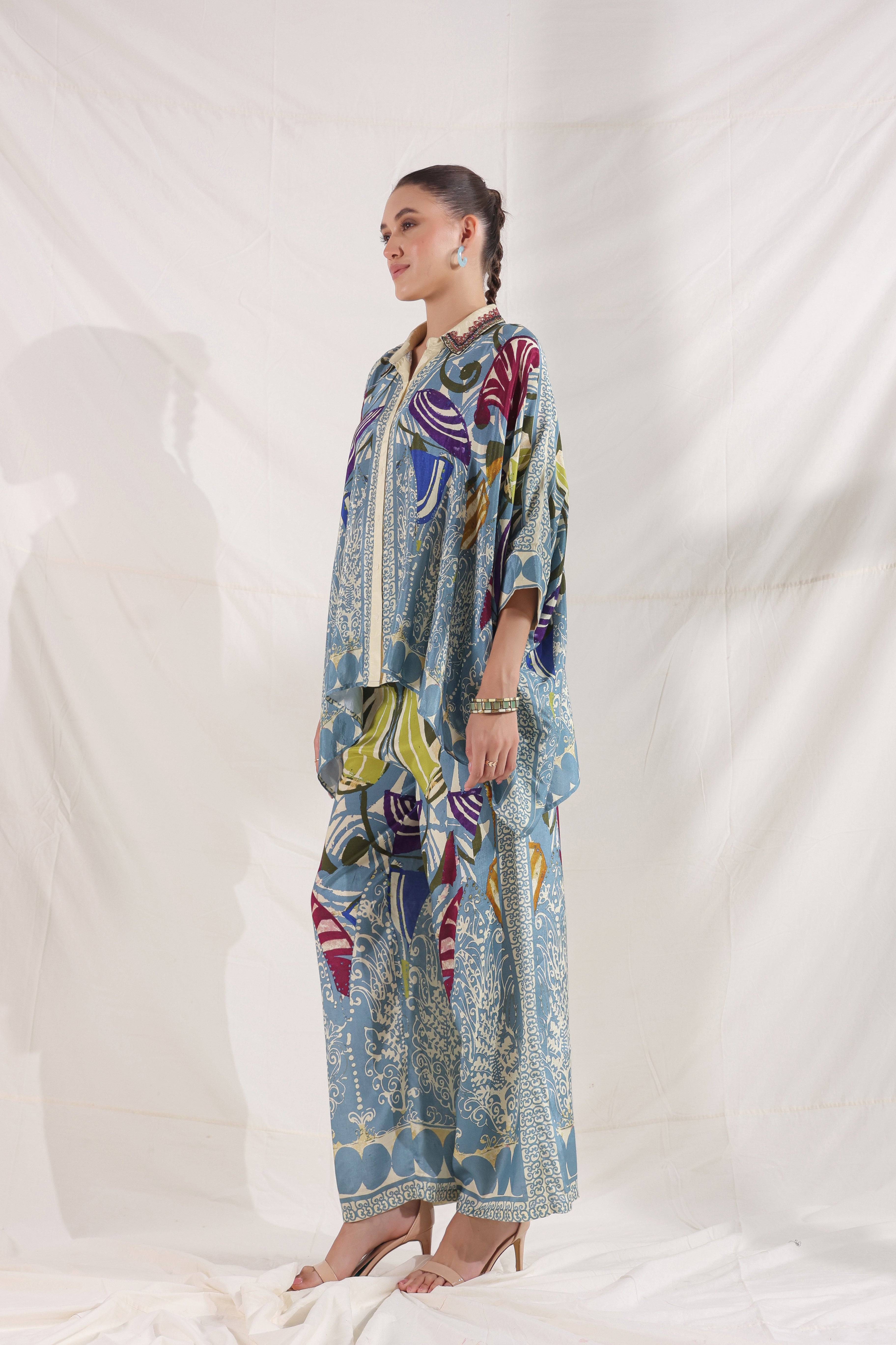 Women Blue Viscose Satin Floral Printed Co-Ord Set