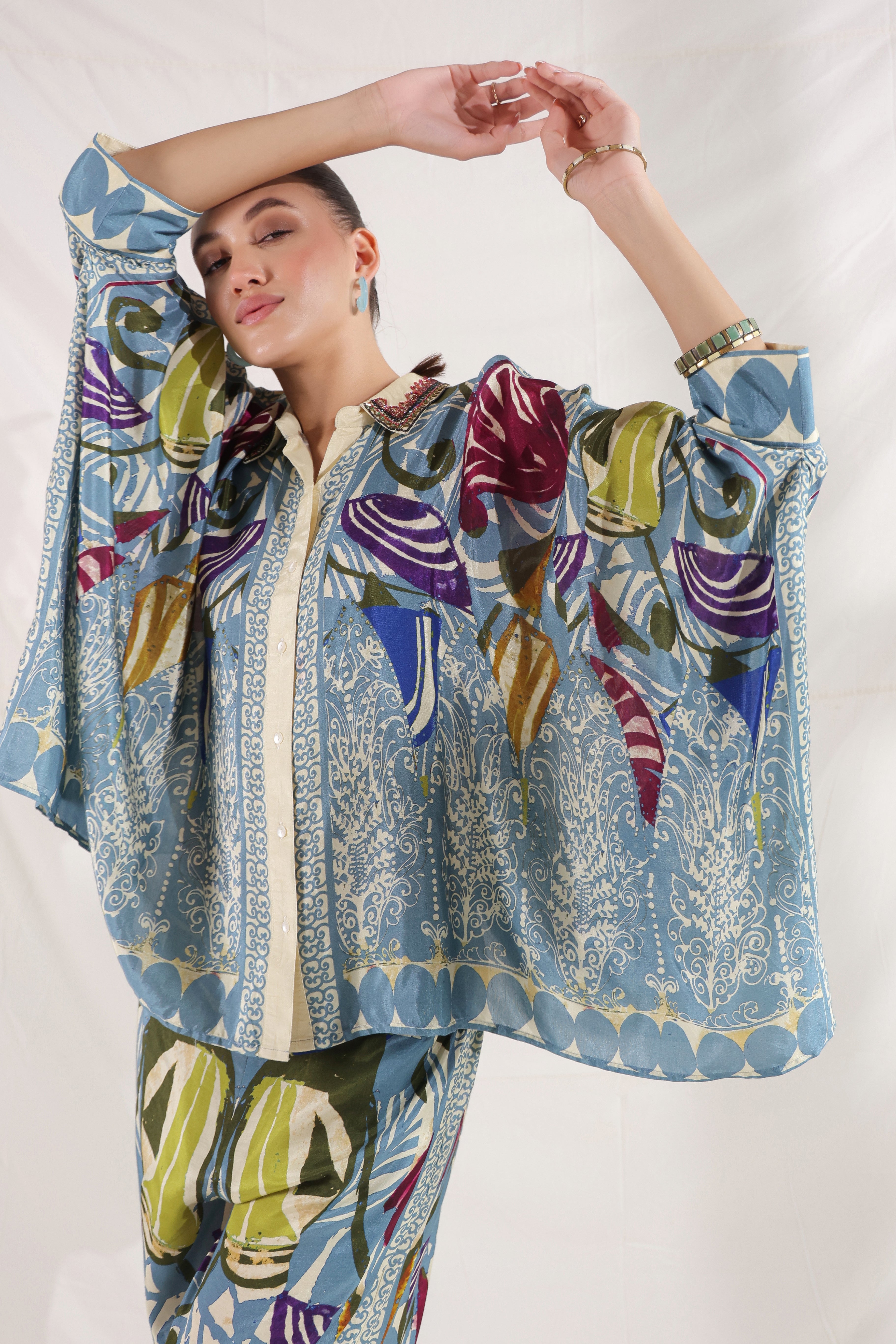 Women Blue Viscose Satin Floral Printed Co-Ord Set