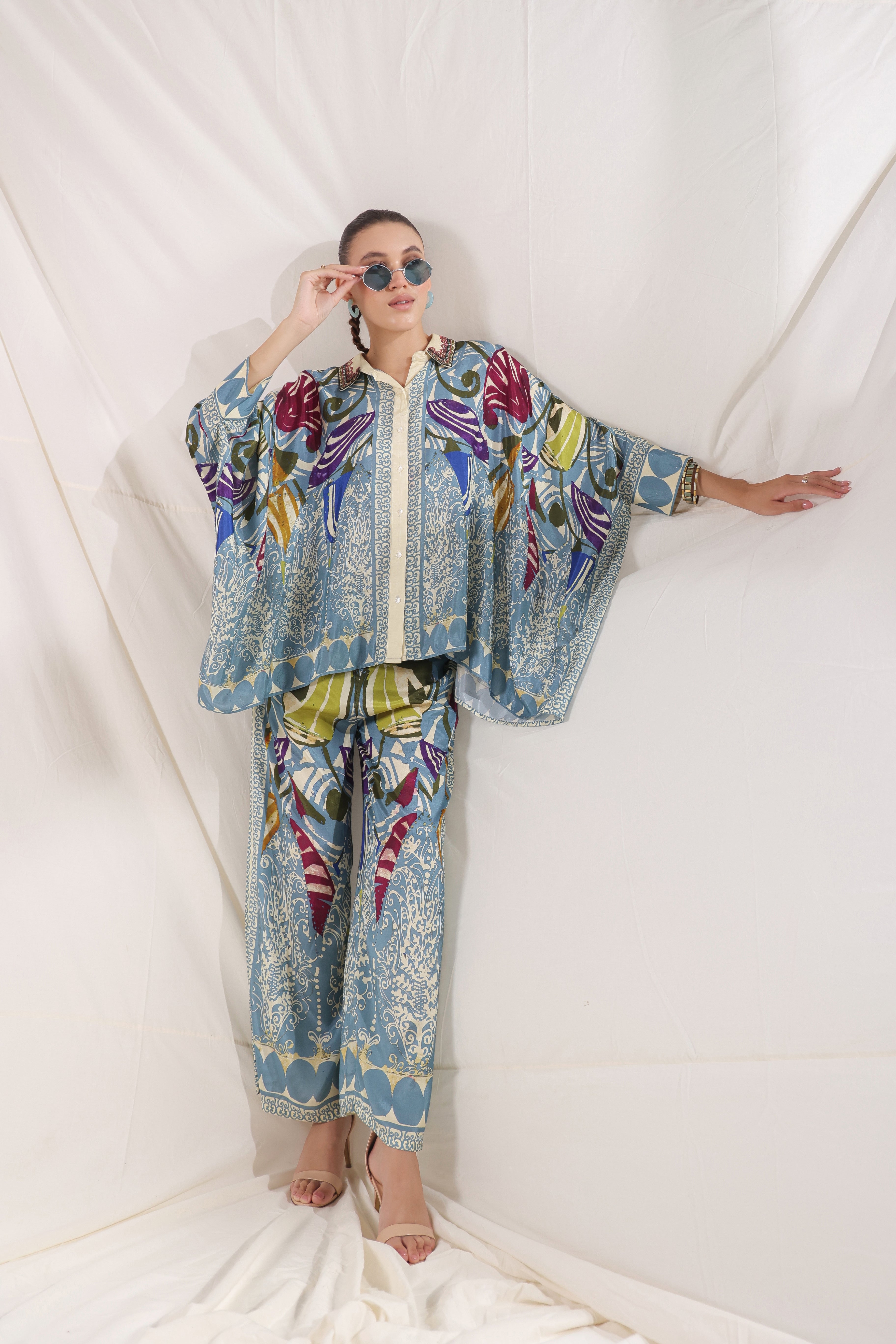 Women Blue Viscose Satin Floral Printed Co-Ord Set