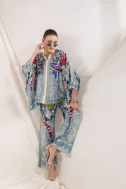 Women Blue Viscose Satin Floral Printed Co-Ord Set