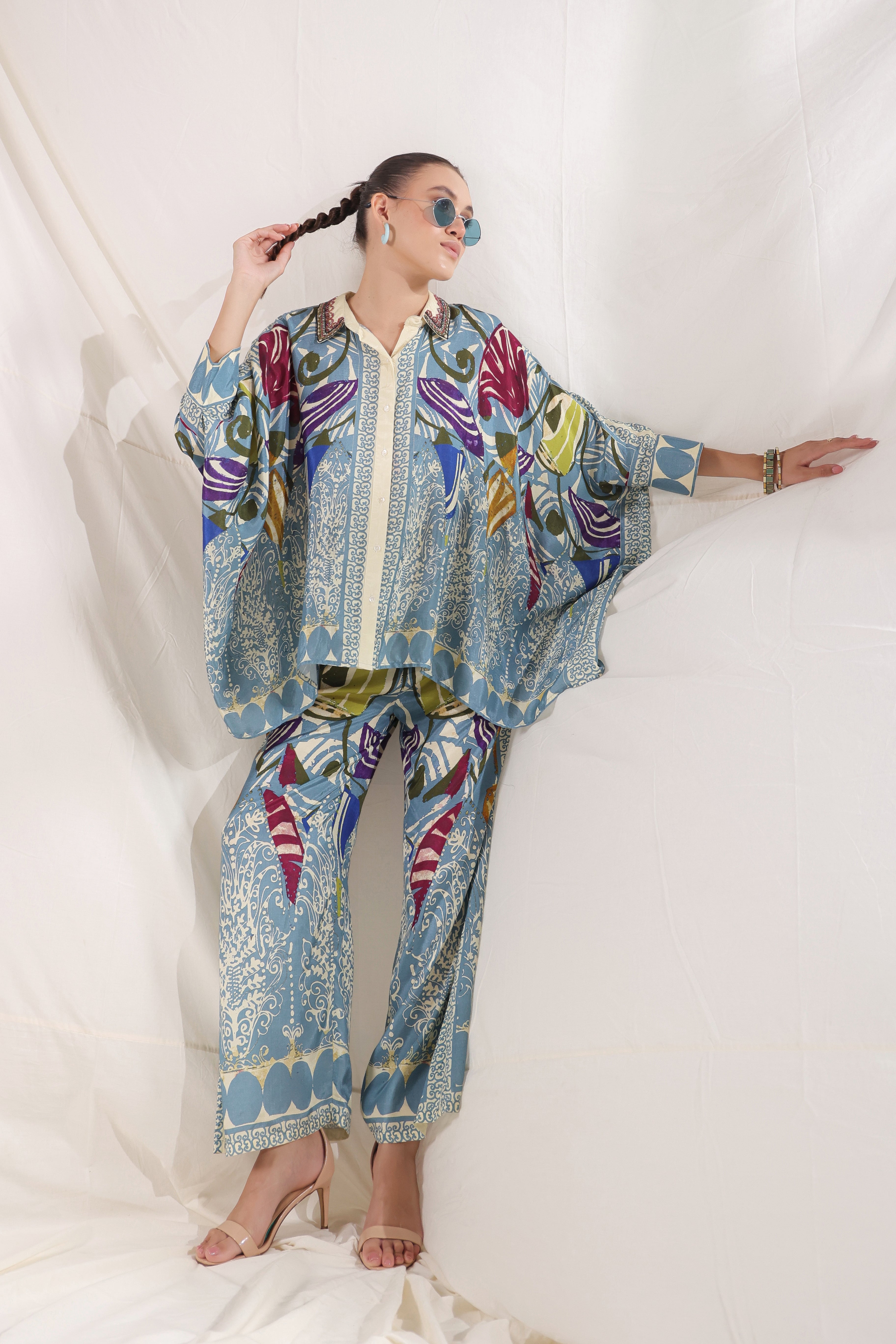 Women Blue Viscose Satin Floral Printed Co-Ord Set