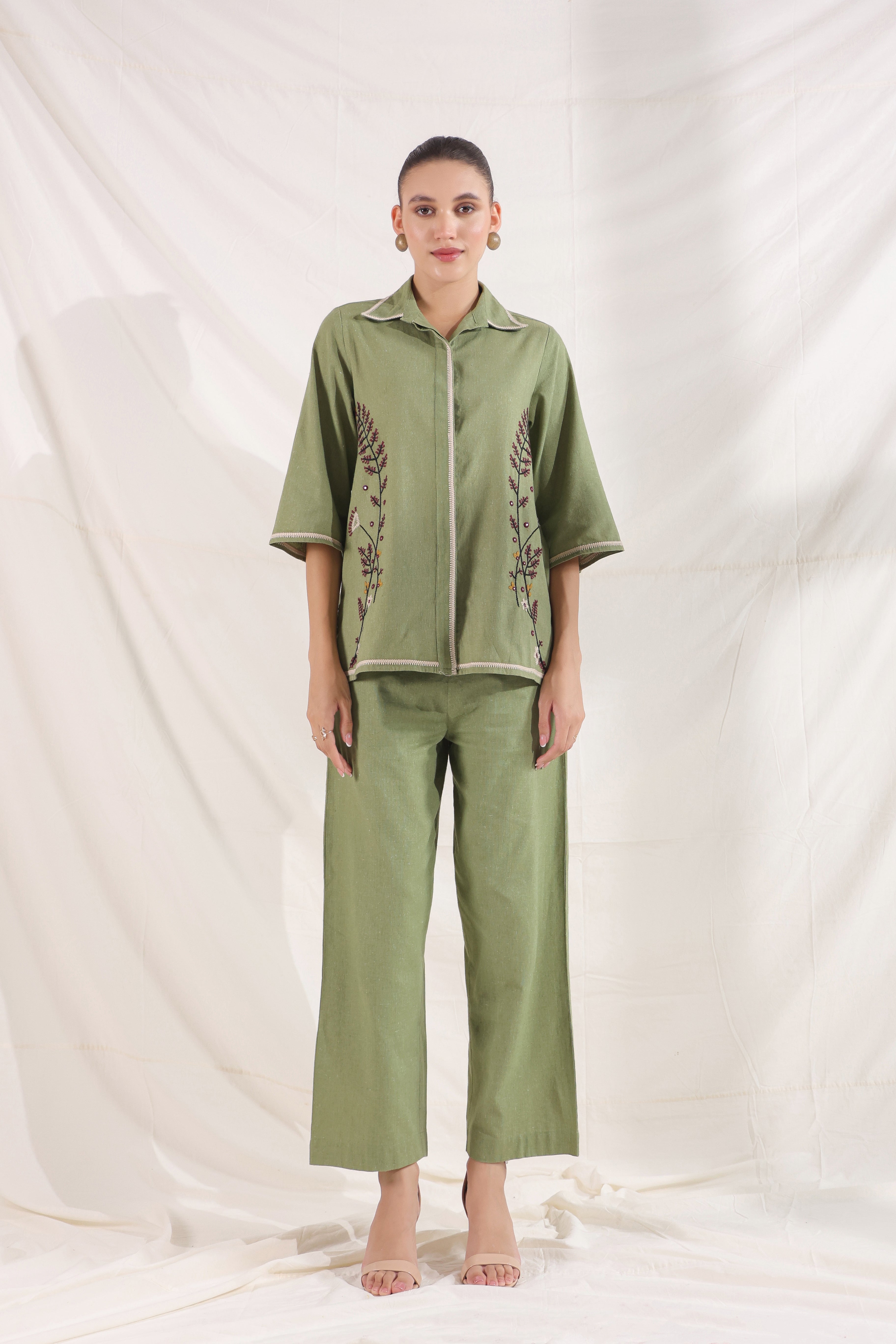 Women Dark Green Cotton Linen Flex Embroidery CO-Ord Set