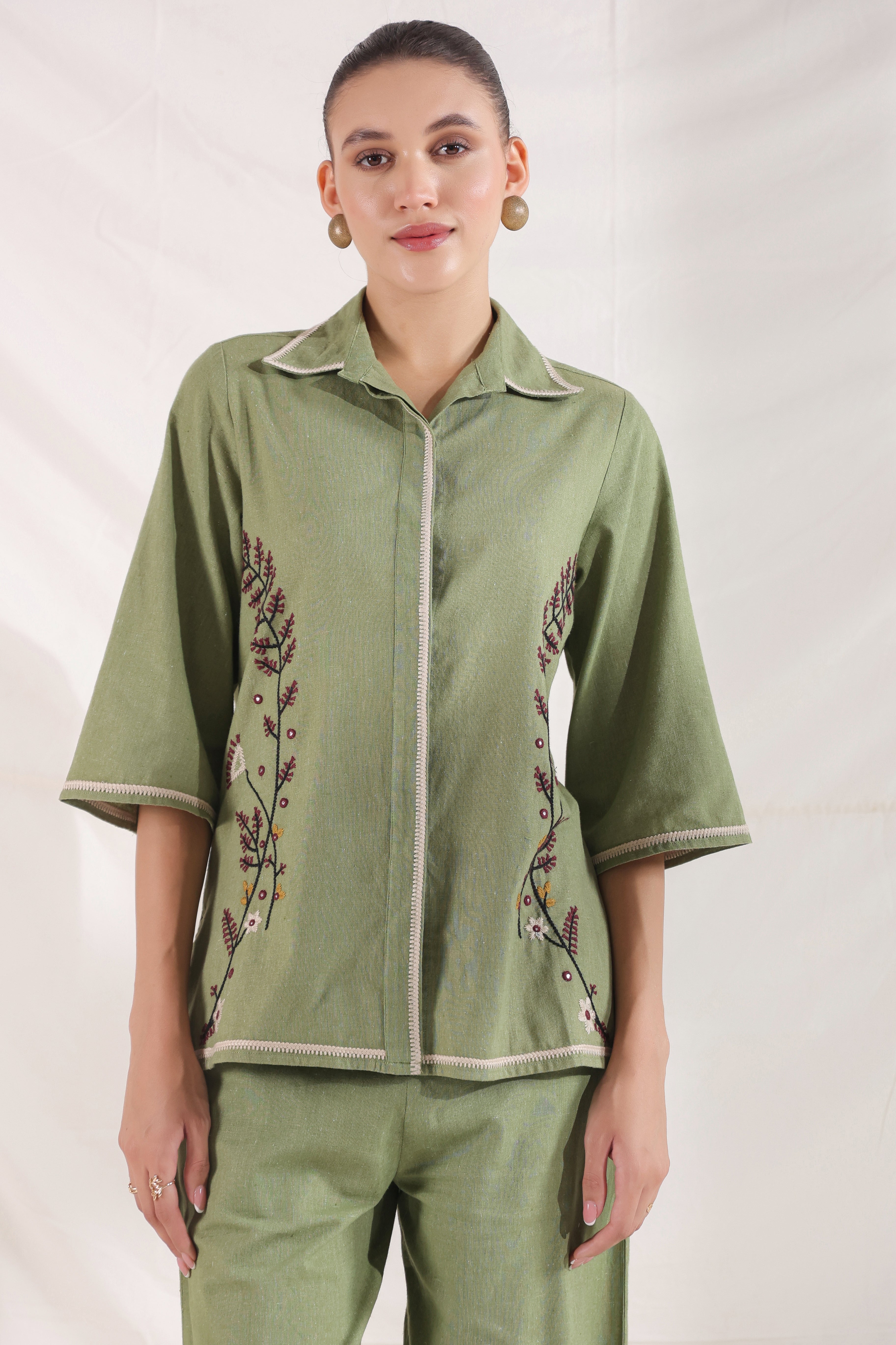 Women Dark Green Cotton Linen Flex Embroidery CO-Ord Set