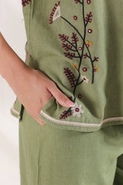 Women Dark Green Cotton Linen Flex Embroidery CO-Ord Set