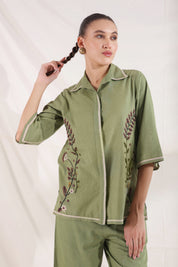 Women Dark Green Cotton Linen Flex Embroidery CO-Ord Set