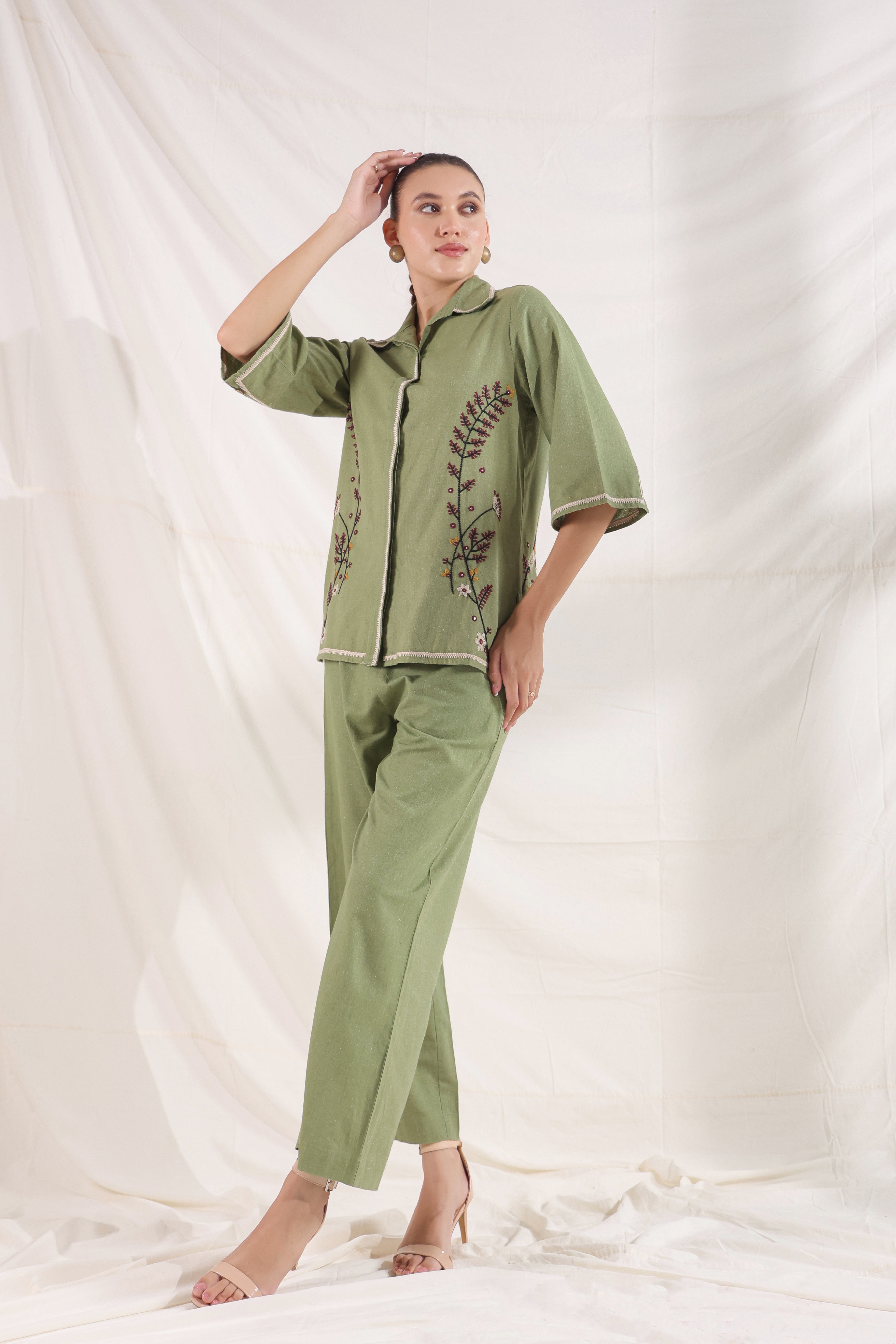 Women Dark Green Cotton Linen Flex Embroidery CO-Ord Set