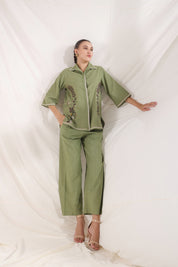 Women Dark Green Cotton Linen Flex Embroidery CO-Ord Set