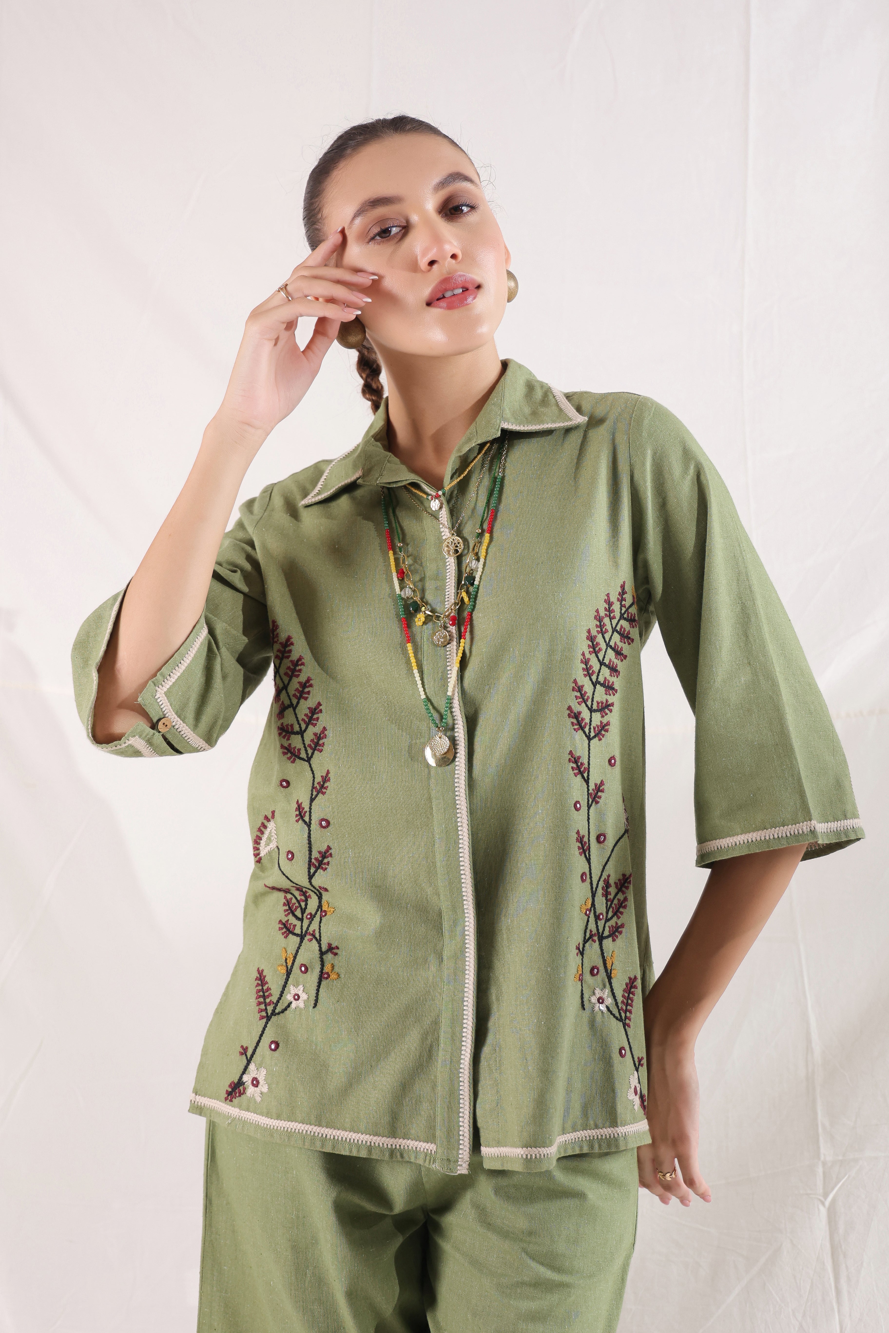 Women Dark Green Cotton Linen Flex Embroidery CO-Ord Set