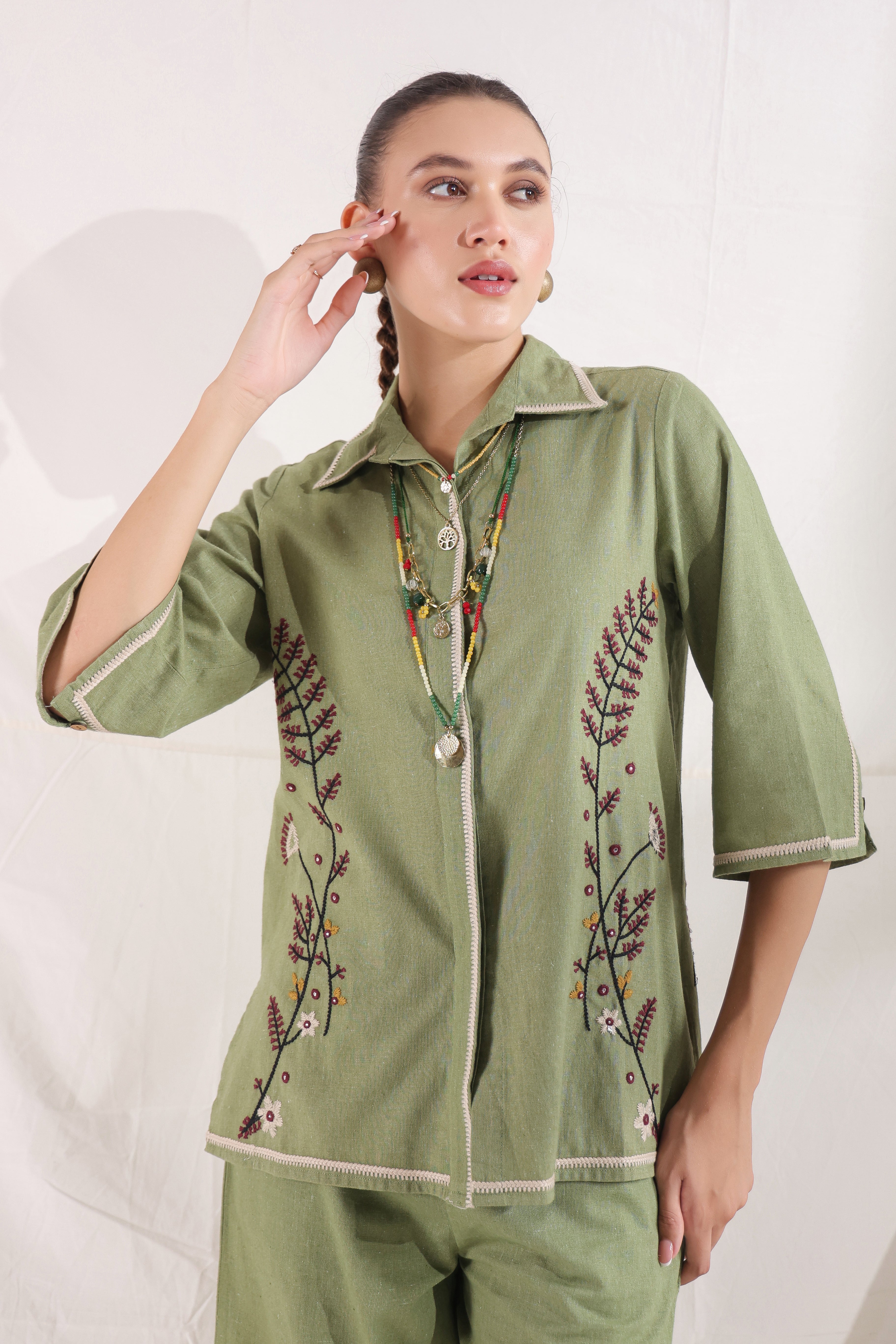 Women Dark Green Cotton Linen Flex Embroidery CO-Ord Set